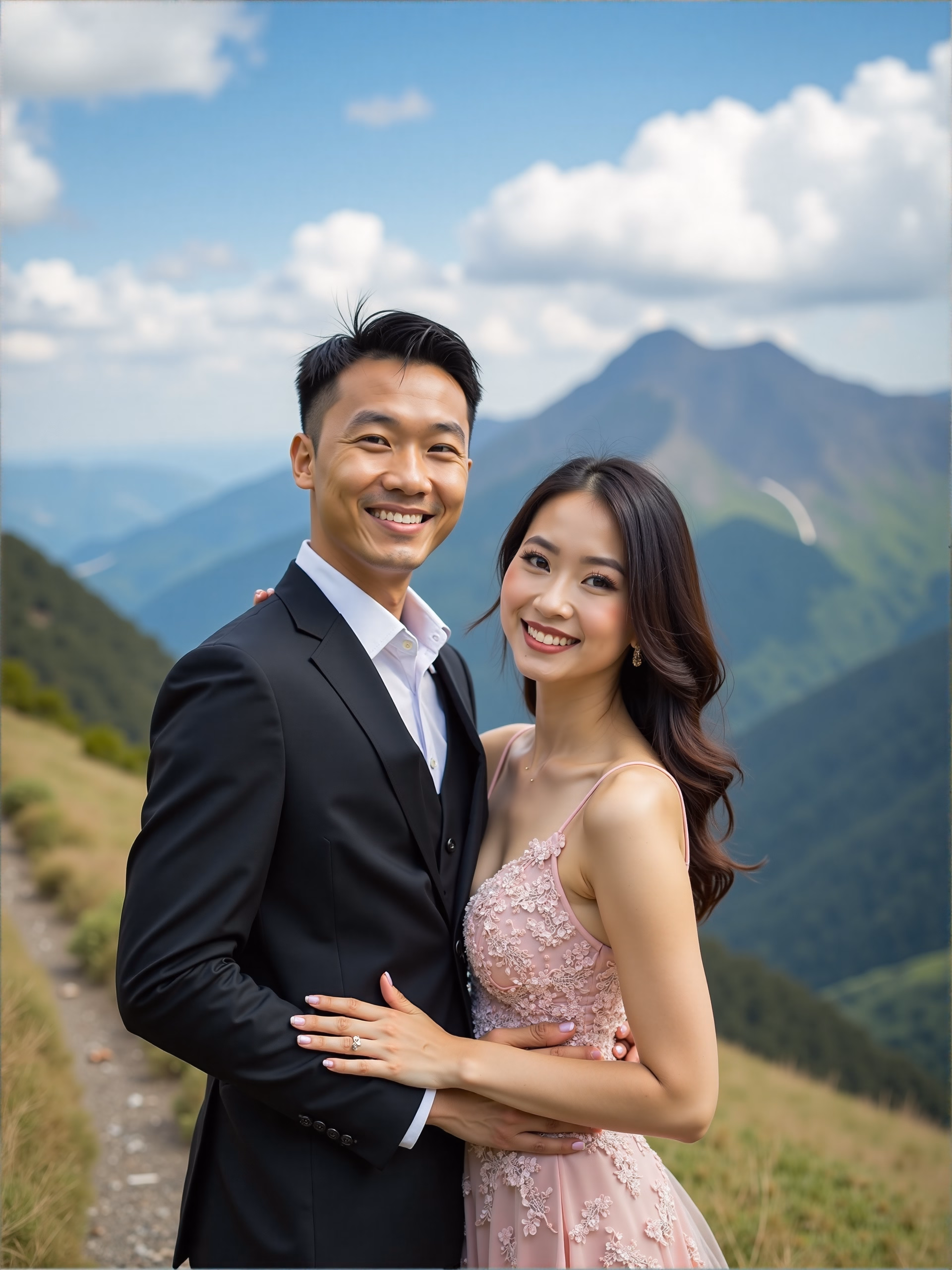 Adventurous AI couple photoshoot scene in the mountains